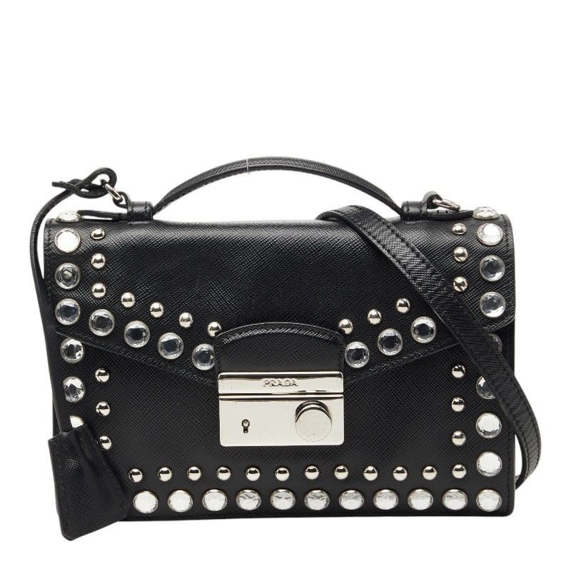 Prada Studded 2-Way Shoulder Bag Black Saffiano Leather Visual
