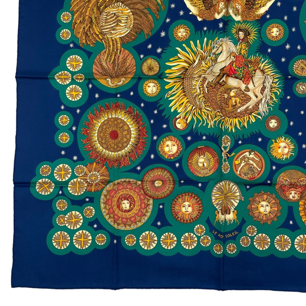 Hermes Scarf Silk Carre 90 le Roy Soleil Sun King Navy — view 4