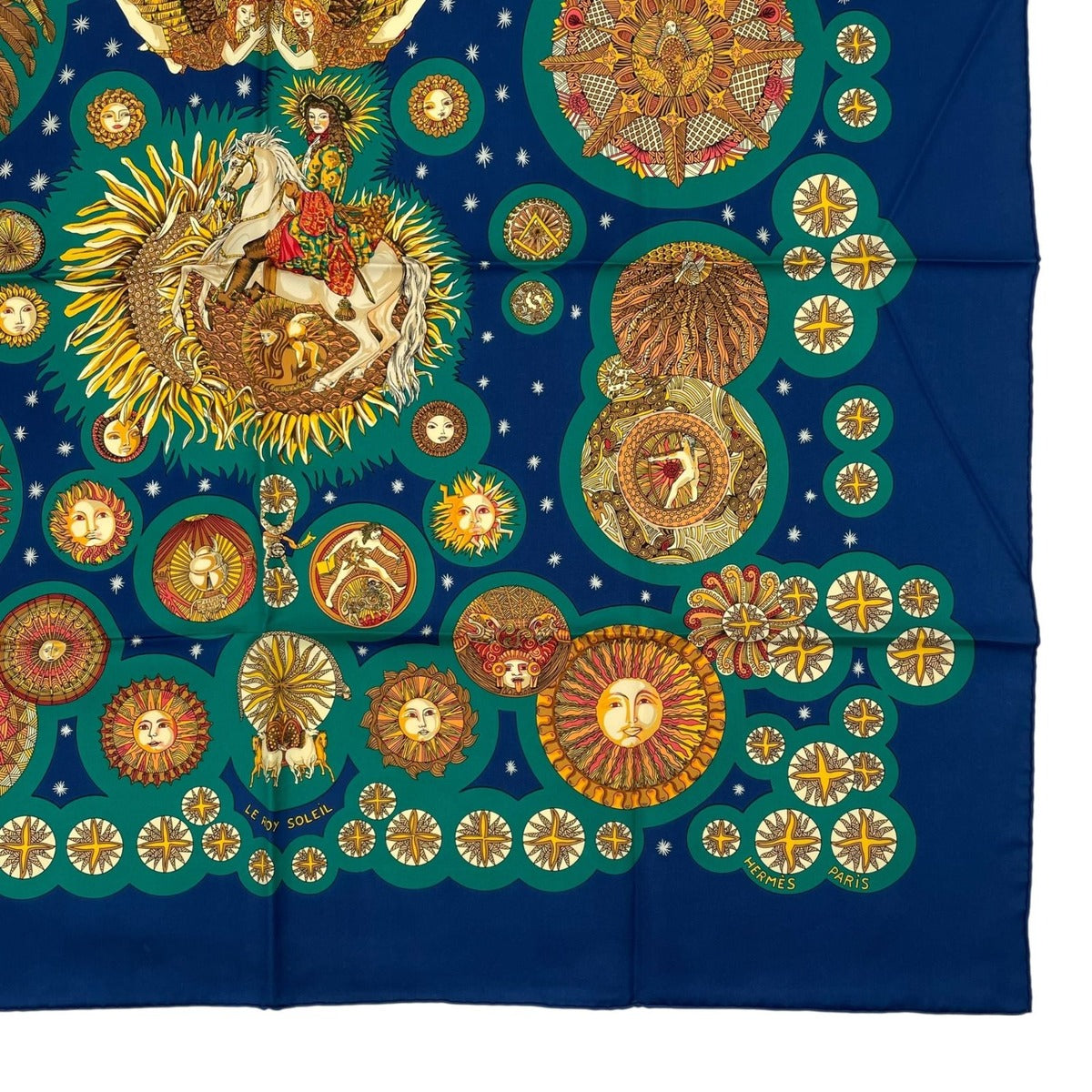 Hermes Scarf Silk Carre 90 le Roy Soleil Sun King Navy — view 5