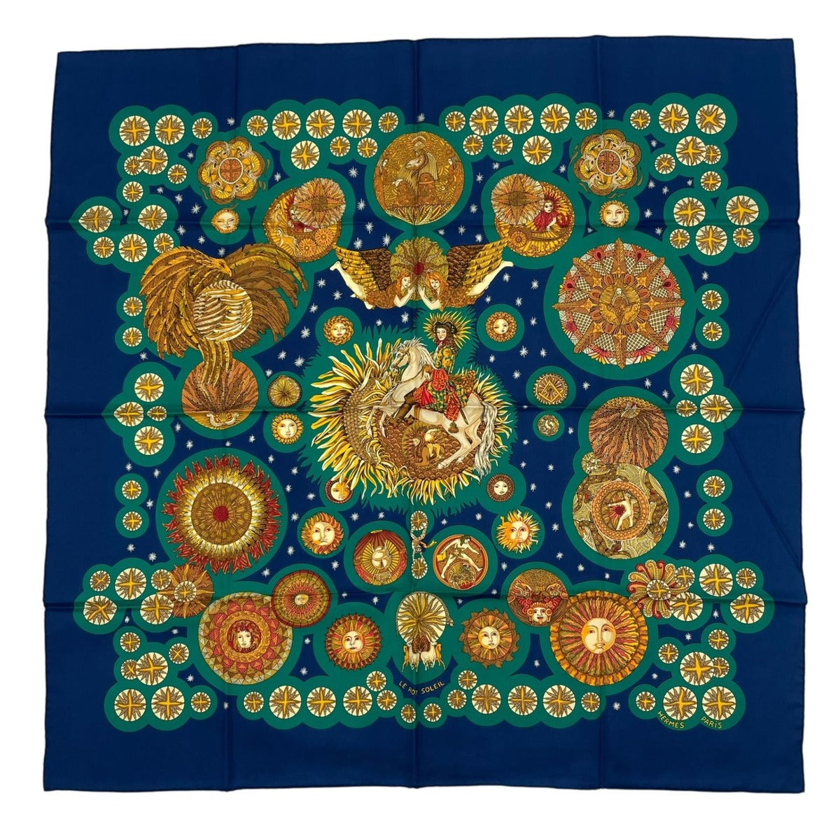 Hermes Scarf Silk Carre 90 le Roy Soleil Sun King Navy