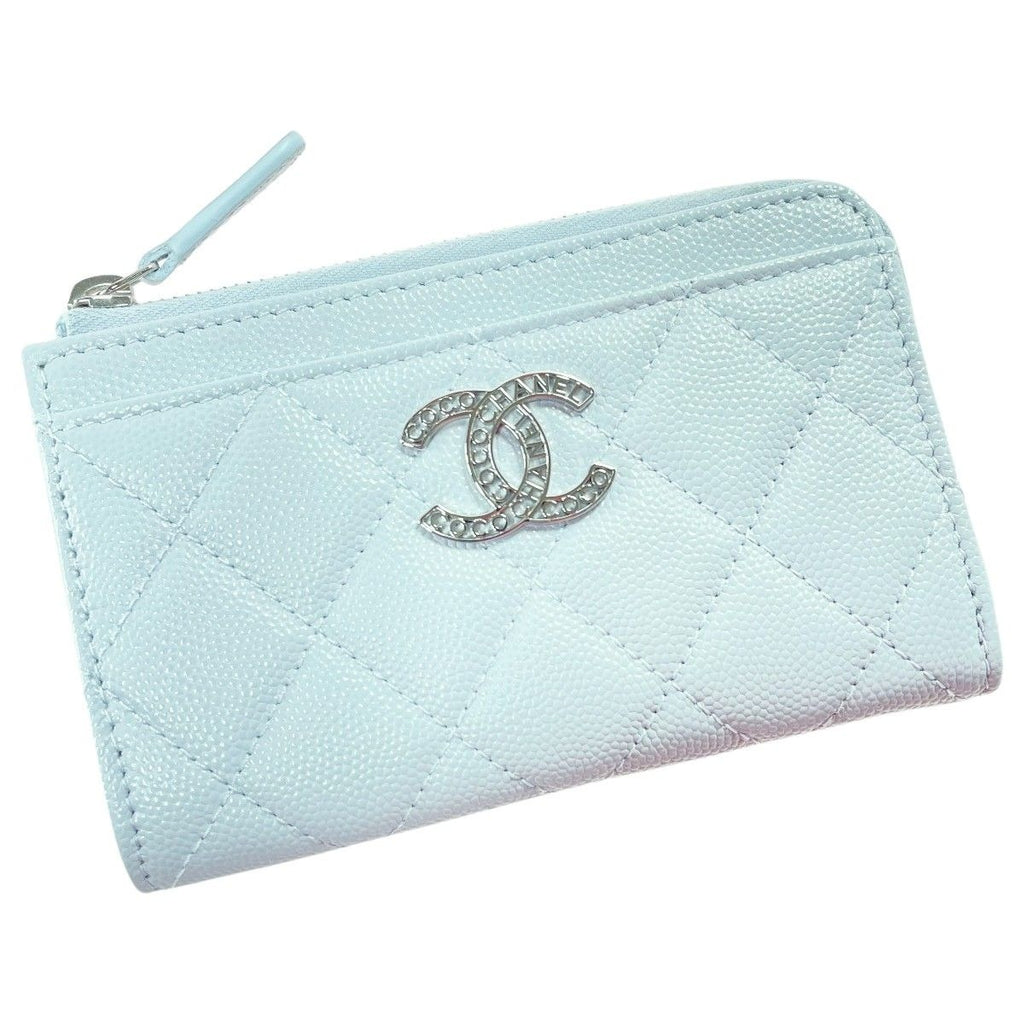 Chanel Quilted Card Case Ap3836 Light Blue Coco Mark Caviar Leather Coin