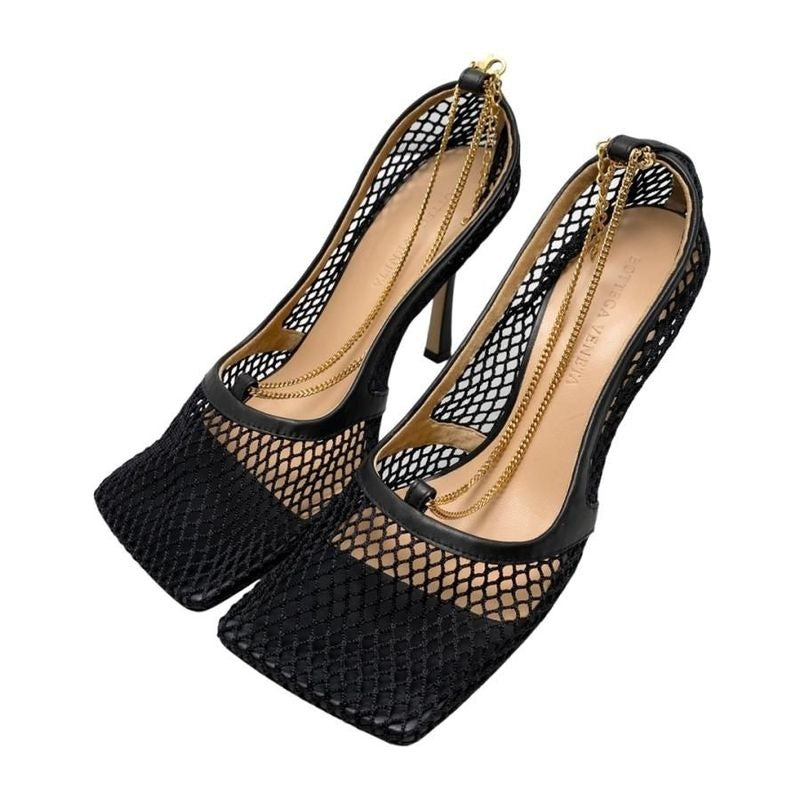Bottega Veneta Stretch Pumps Mesh Chain High Heel 38 1 2 Nero