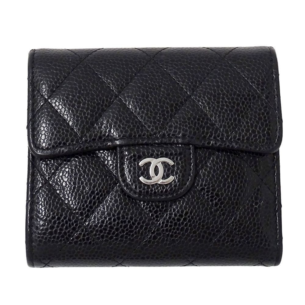 Chanel Wallet Quilted Classic Bifold Caviar Leather Black Silver