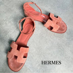Hermes Santoni Strap Sandals Flat Shoes Coral Orange Suedeleather 38