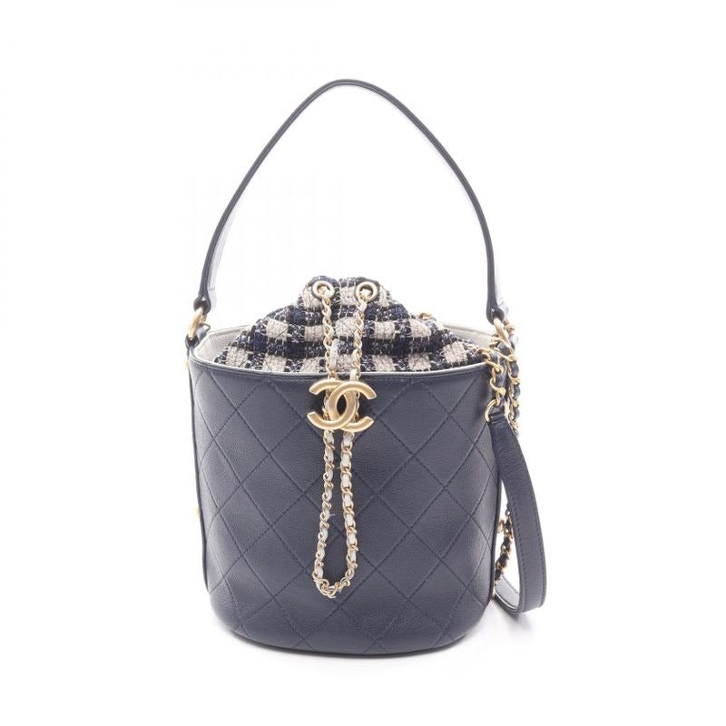 Chanel Shoulder Bag Quilted Small Bucket Navy Leather Fabric — view 2