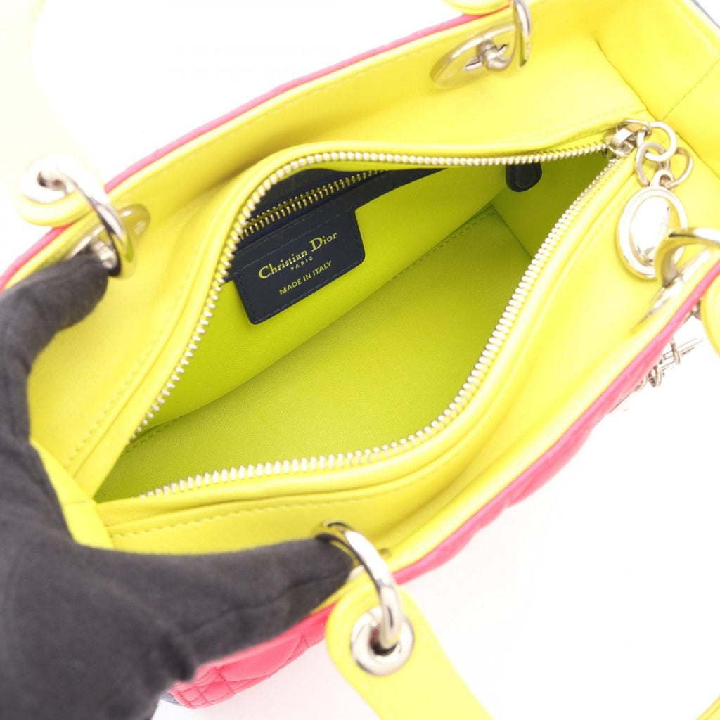 Dior Handbag Lady Dior Cannage 2-Way Magenta Blue Yellow Leather Tote — view 3