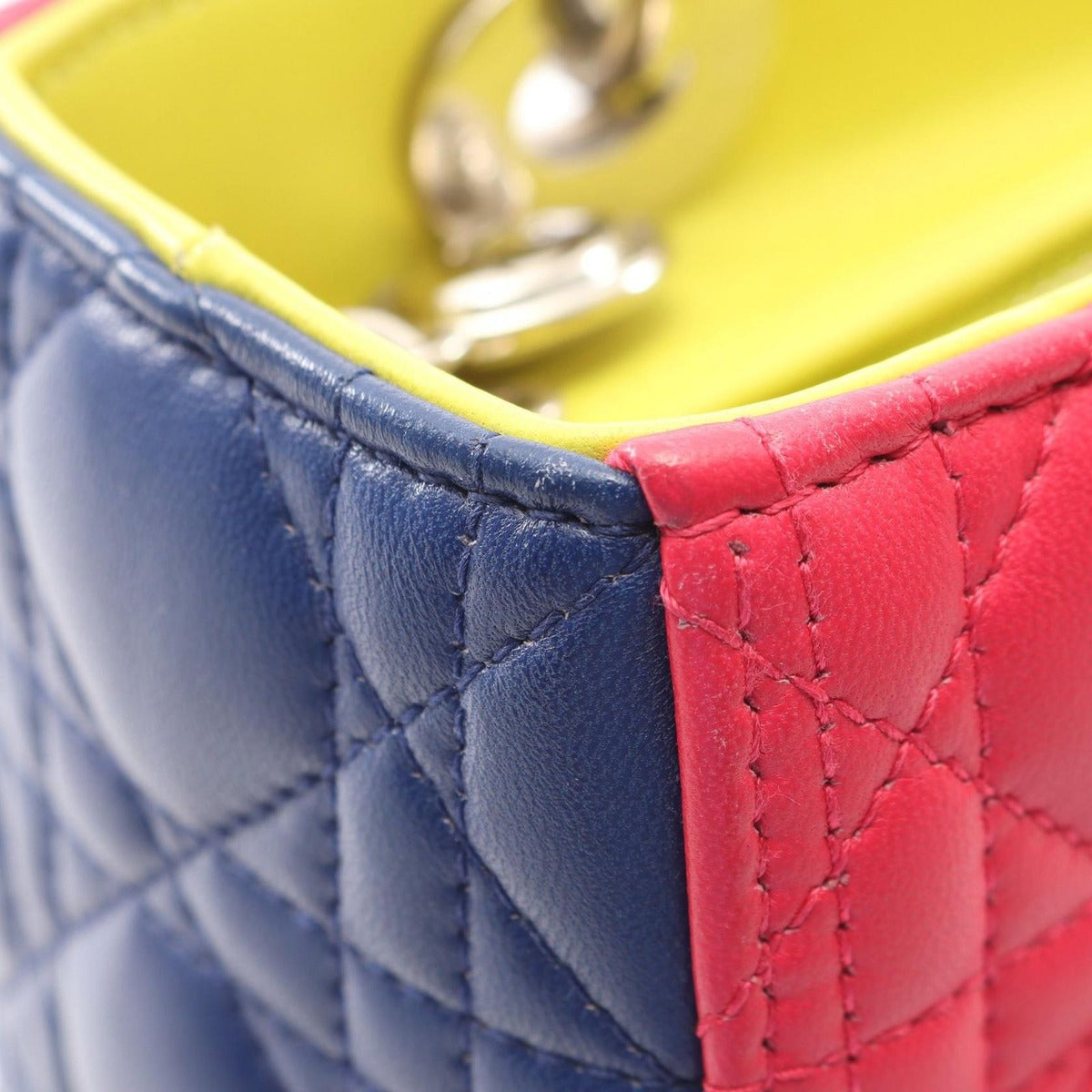 Dior Handbag Lady Dior Cannage 2-Way Magenta Blue Yellow Leather Tote — view 5