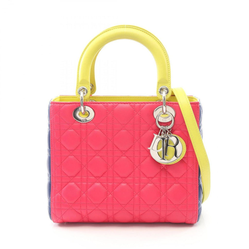 Dior Handbag Lady Dior Cannage 2-Way Magenta Blue Yellow Leather Tote