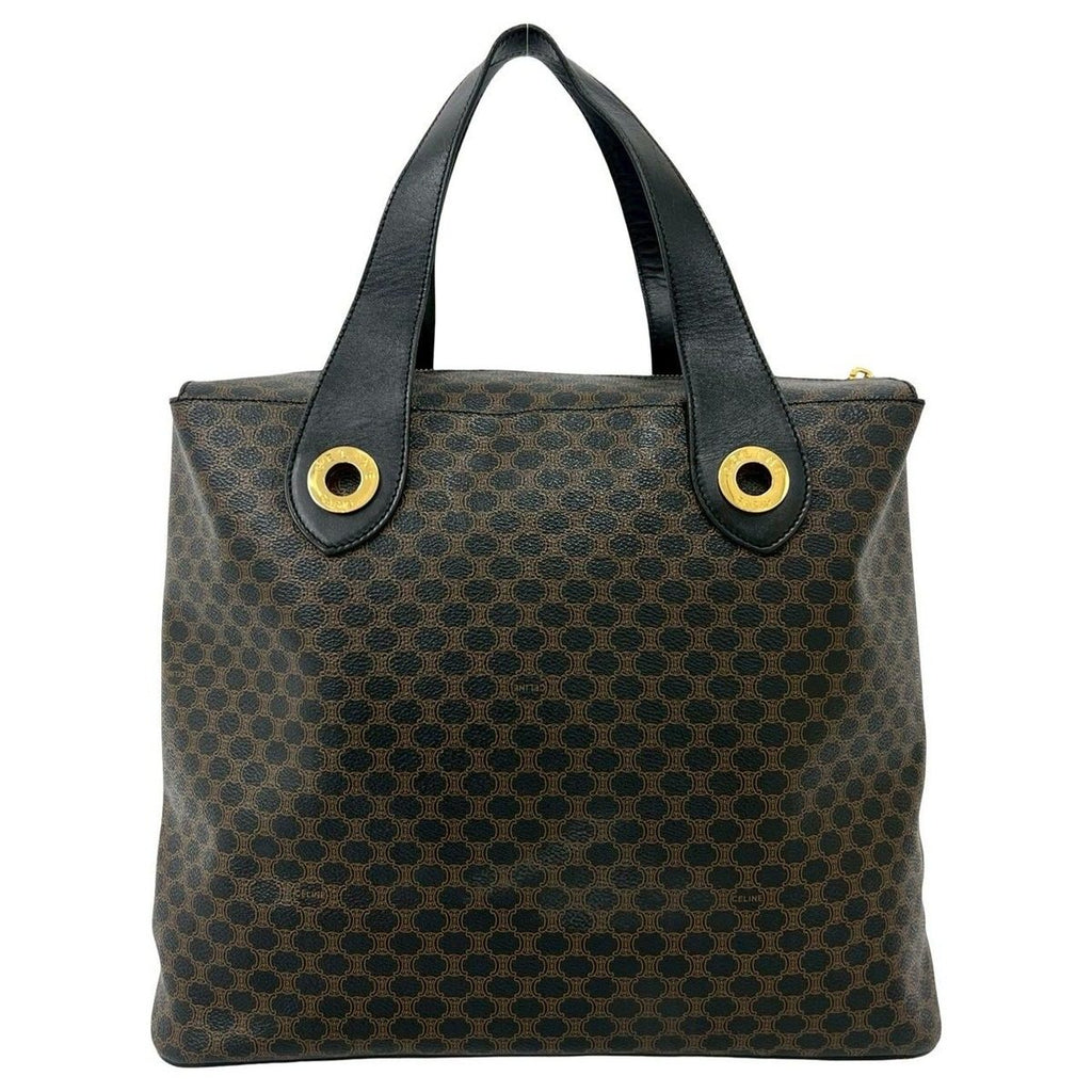 Celine Vintage Macadam Blason Triomphe Pattern Leather Tote Black Brown — view 3