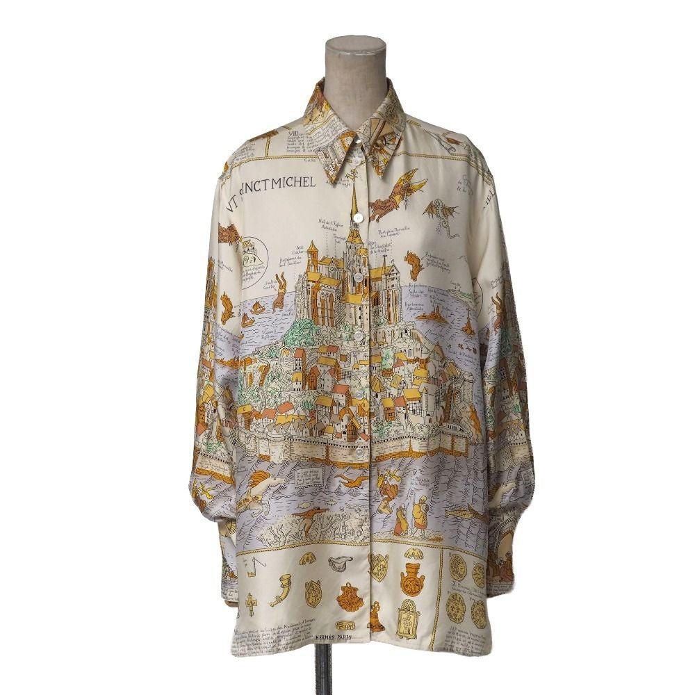 Hermes Vintage Mont Sainct Michel Blouse 40 Silk Twill Long Sleeve Scarf Cream Beige