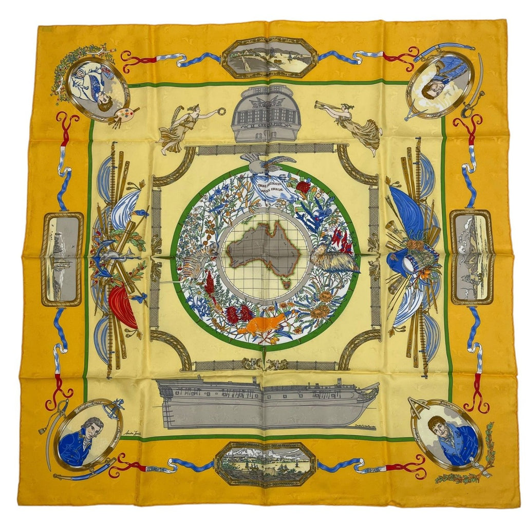 Hermes Scarf Silk Carre 90 le Geographe Geographer Yellow
