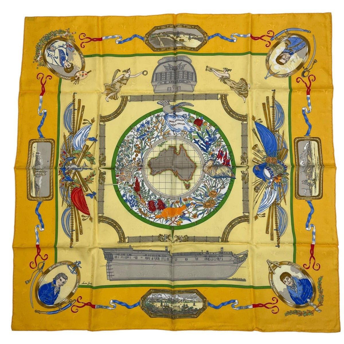 Hermes Scarf Silk Carre 90 le Geographe Geographer Yellow