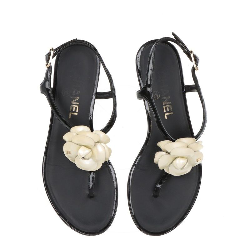 Chanel Coco Mark Camellia Patent Leather Sandals 35 C Black And Ivory — view 7