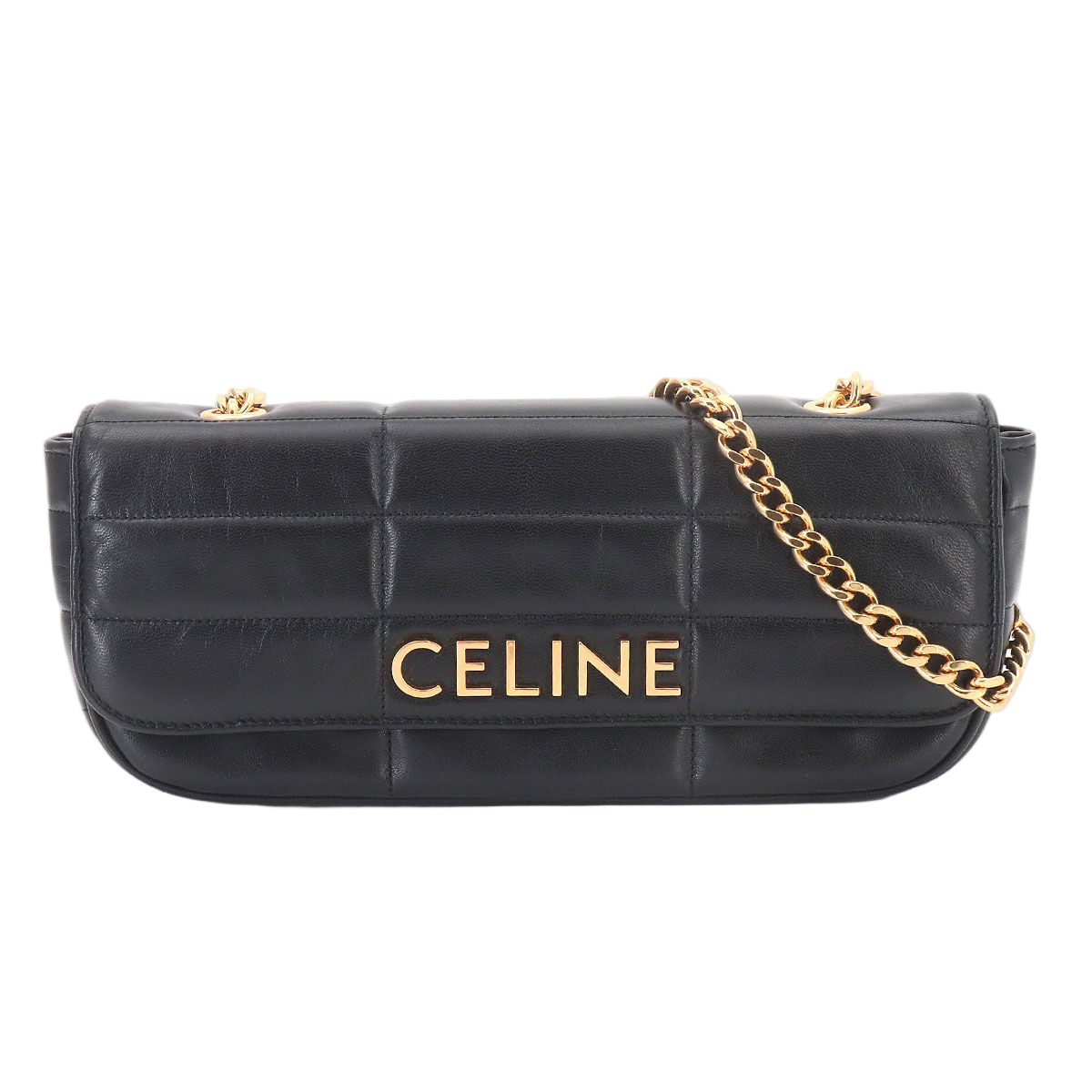 Celine Matelasse Monochrome Chain Shoulder Bag Leather Black Gold
