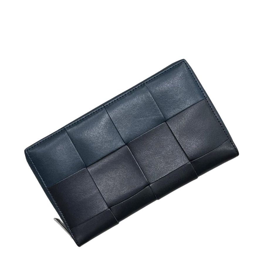 Bottega Veneta Zip Around Wallet Zip Navy Blue Cassette with Leather Charm IC
