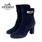 Hermes Boots Short Shoes Suede Navy Silver Kelly Hardware