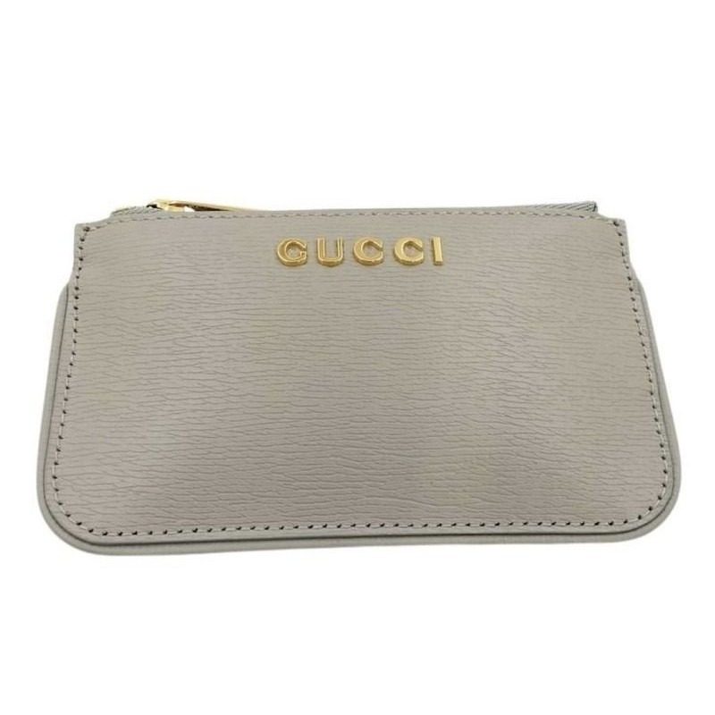 Gucci Coin Case Script Gray Leather Logo Gold