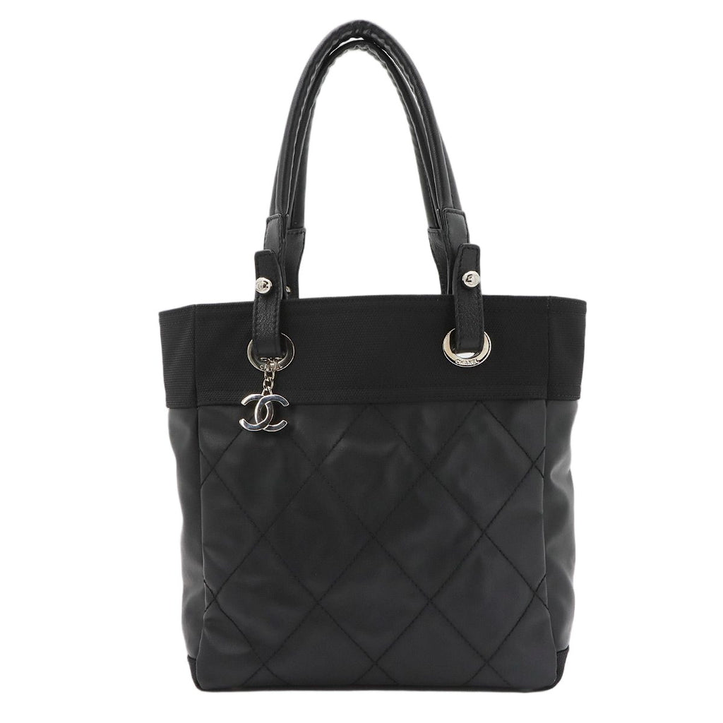 Chanel Paris Biarritz PM Tote Nylon Leather Black Silver