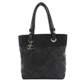 Chanel Paris Biarritz PM Tote Nylon Leather Black Silver
