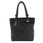 Chanel Paris Biarritz PM Tote Nylon Leather Black Silver
