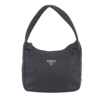 Prada Tessuto Nylon Triangle Logo Leather Handbag Tote Black
