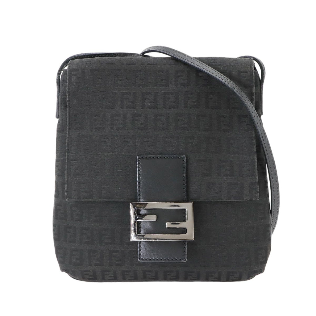 Fendi Zucchino Shoulder Bag Canvas Leather Black Gunmetal