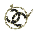 Chanel CC Logo Circle Chain Leather Pendant Gold Metal Necklace