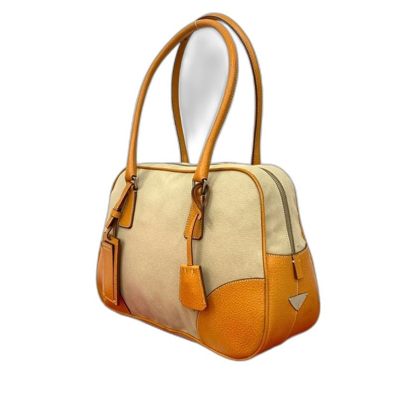 Prada Triangle Logo Canvas Leather Tote