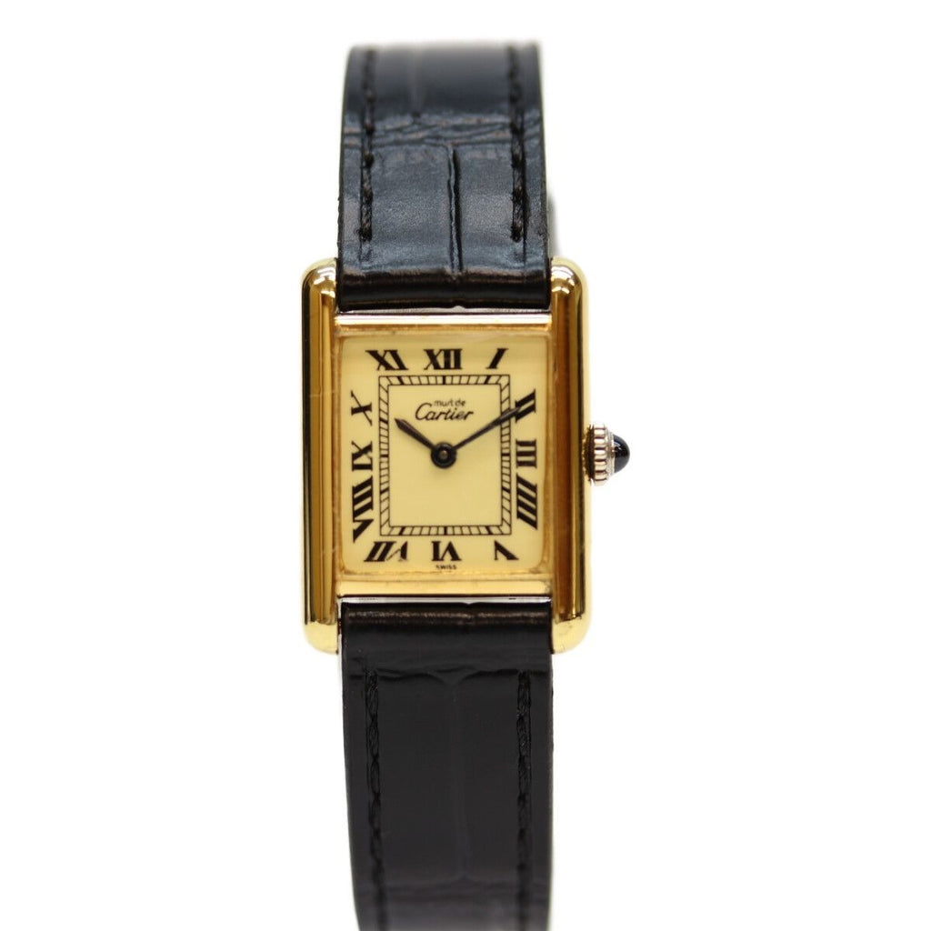 Cartier Watch Vintage Must Tank 76-81 Vermeil SM Roman Ivory Dial Manual Winding Leather
