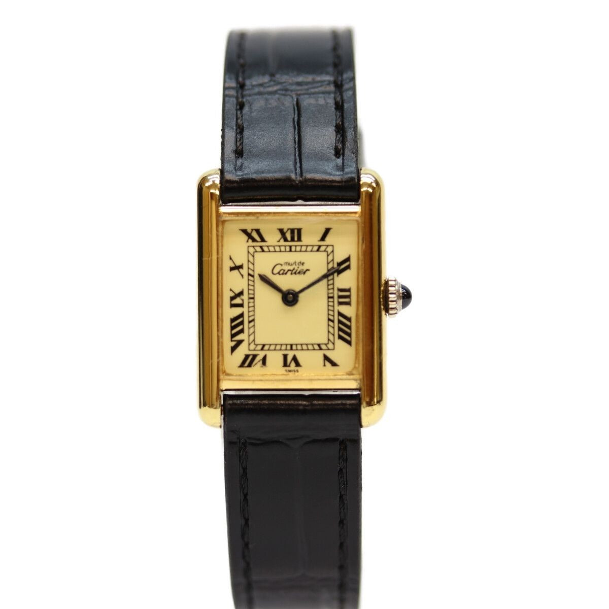 Cartier Watch Vintage Must Tank 76-81 Vermeil SM Roman Ivory Dial Manual Winding Leather