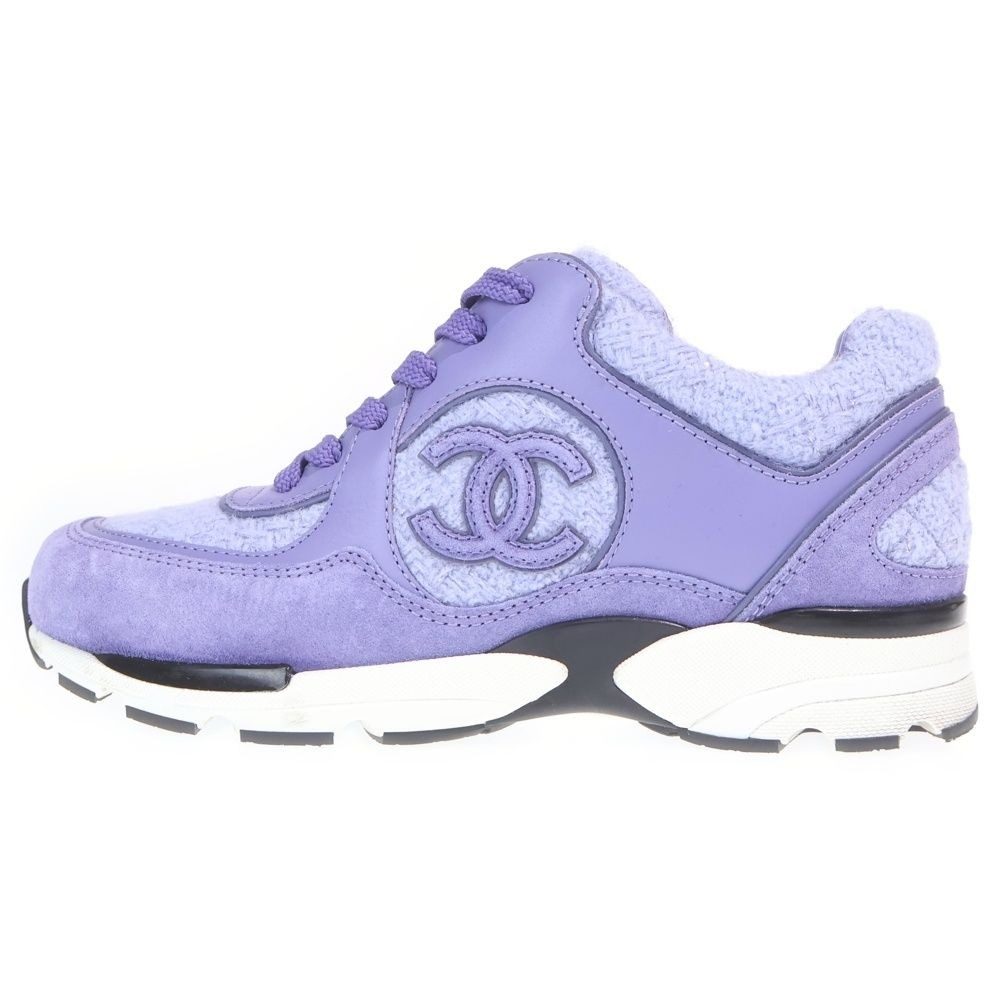 Chanel CC Logo Wool Tweed Low Cut Sneakers Purple