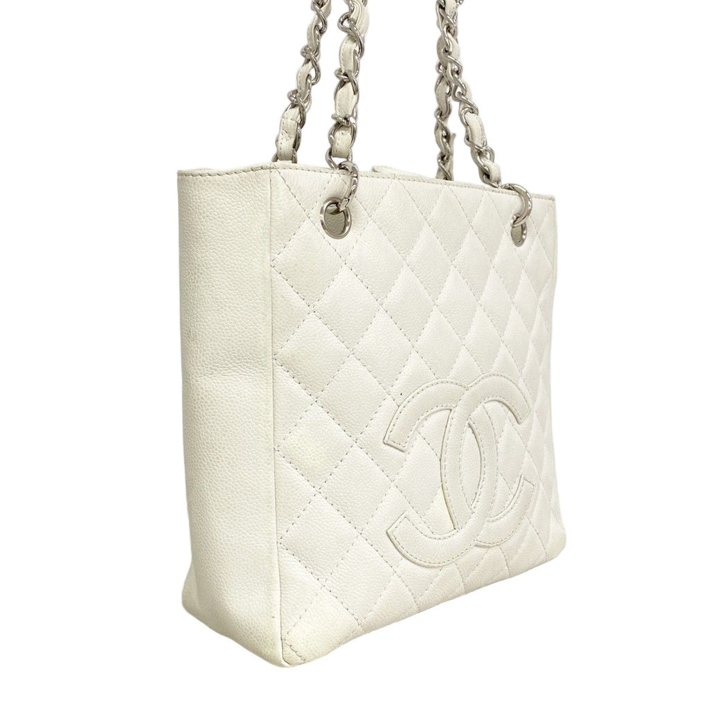 Chanel Shoulder Bag Quilted Caviar Leather White Silver — view 2