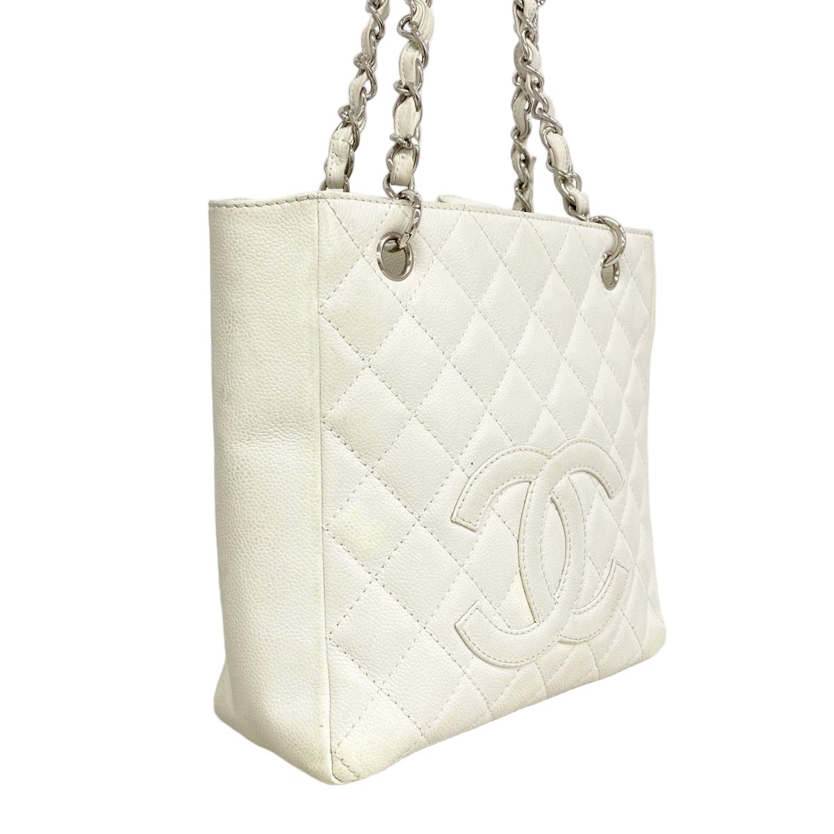 Chanel Shoulder Bag Quilted Caviar Leather White Silver — view 2