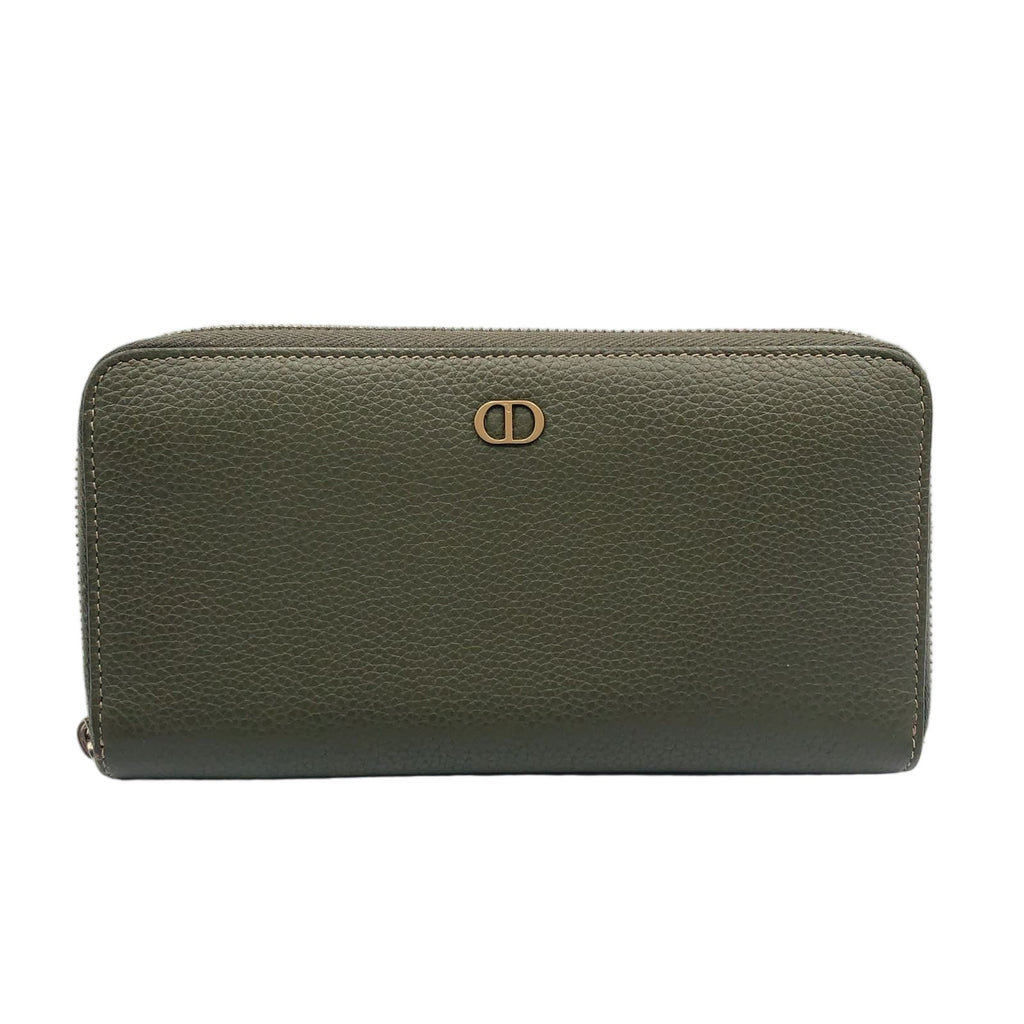 Dior CD Metal Logo Leather Khaki Green Wallet Silver