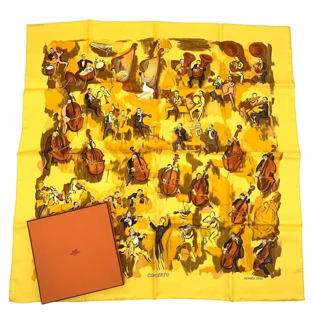 Hermes Carre 90 Concerto Yellow 100% Silk Scarf