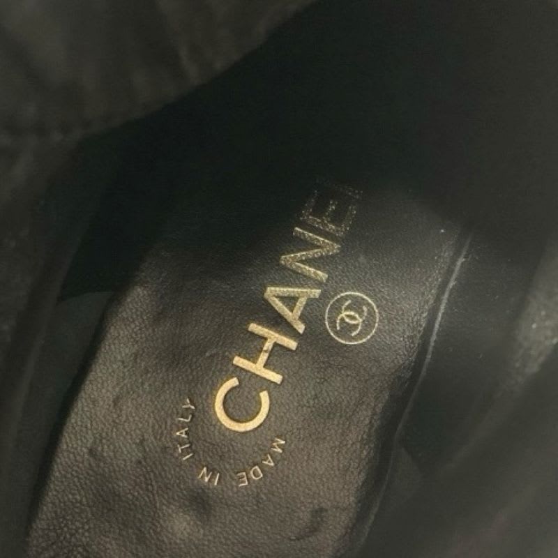 Chanel Boots Short Shoes Leather Velor Black Coco Mark Pearl Lace Up — view 7