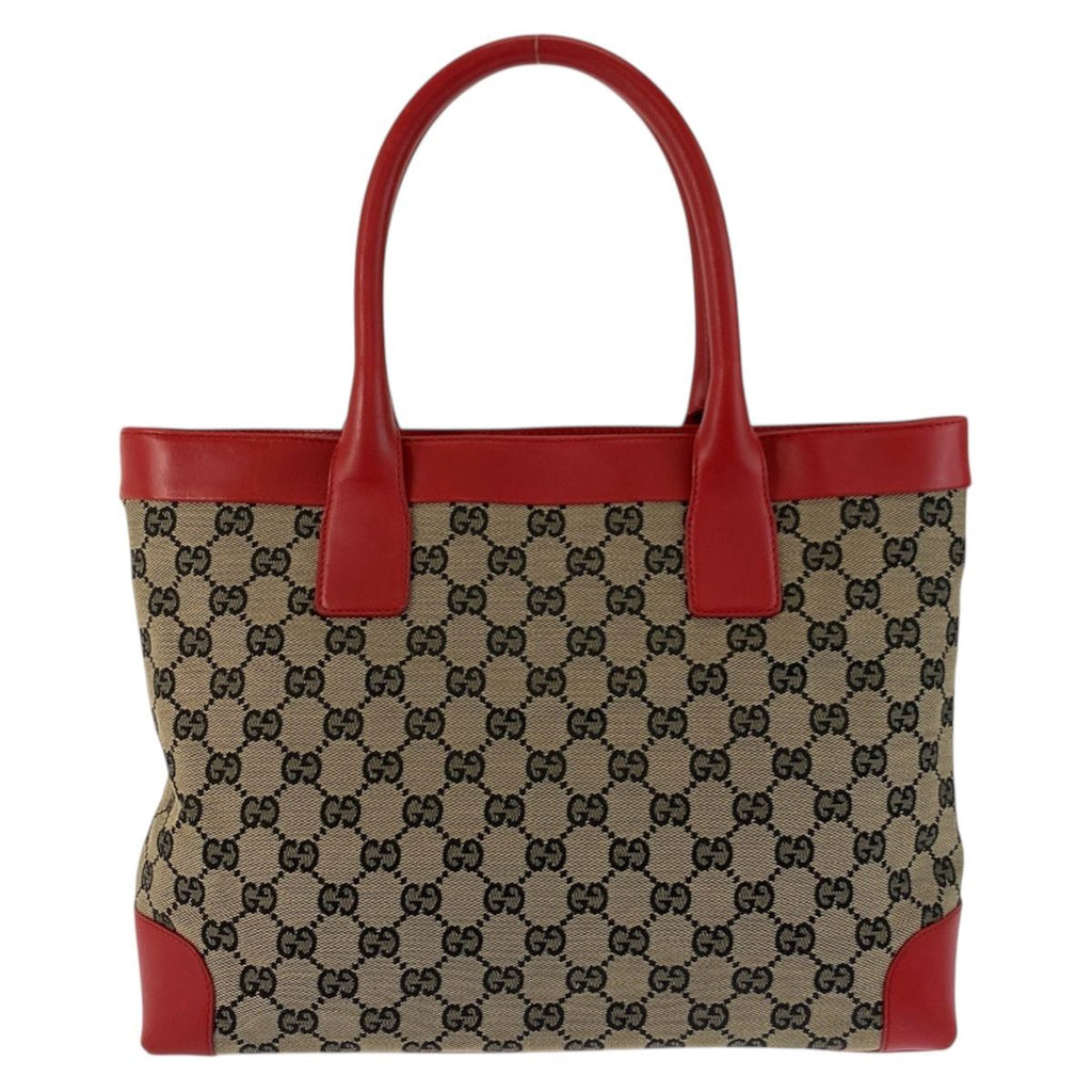 Gucci Red Beige GG Canvas Leather 002 Tote