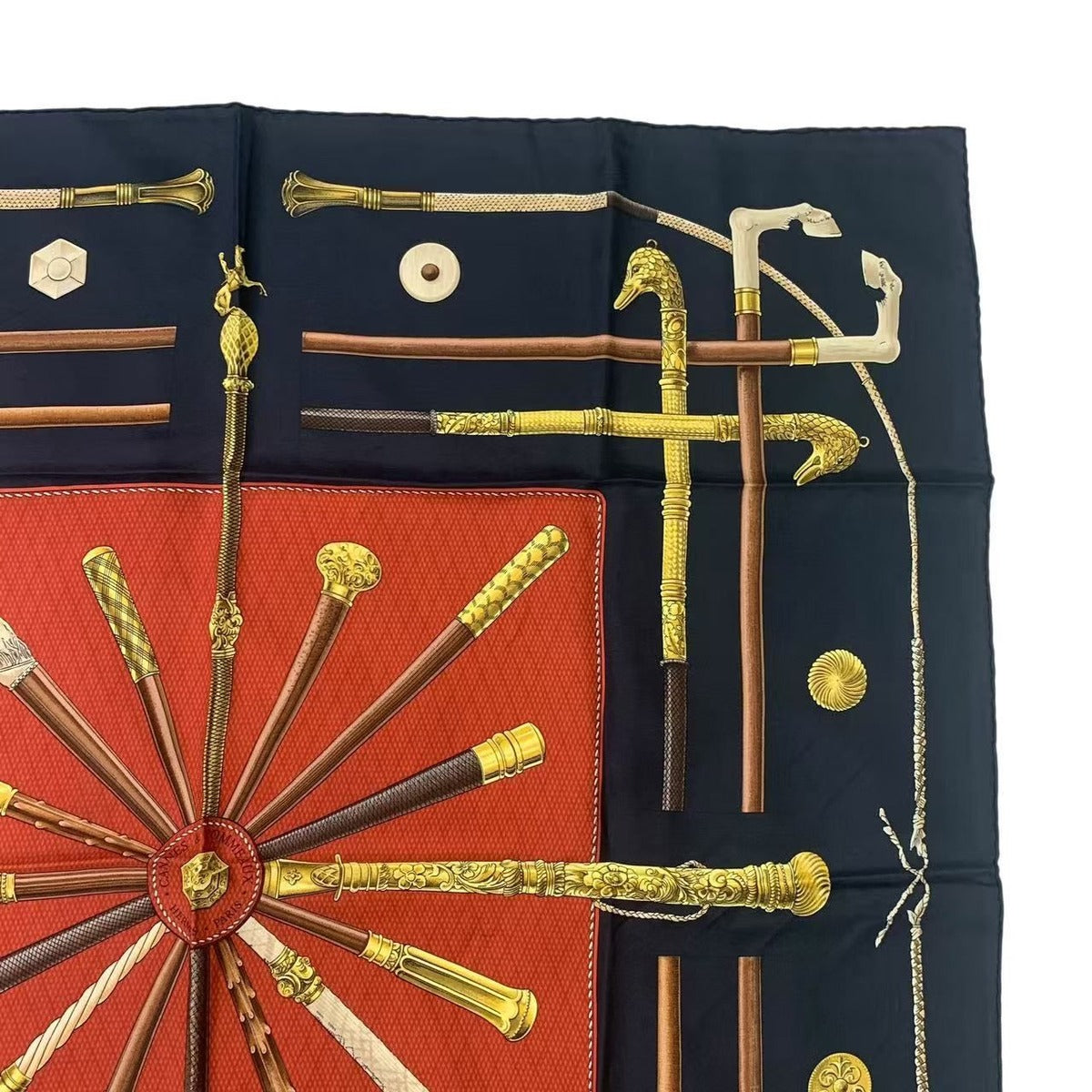 Hermes Carre 90 Cannes & pommeaux Cane Pattern Silk Black Scarf — view 3