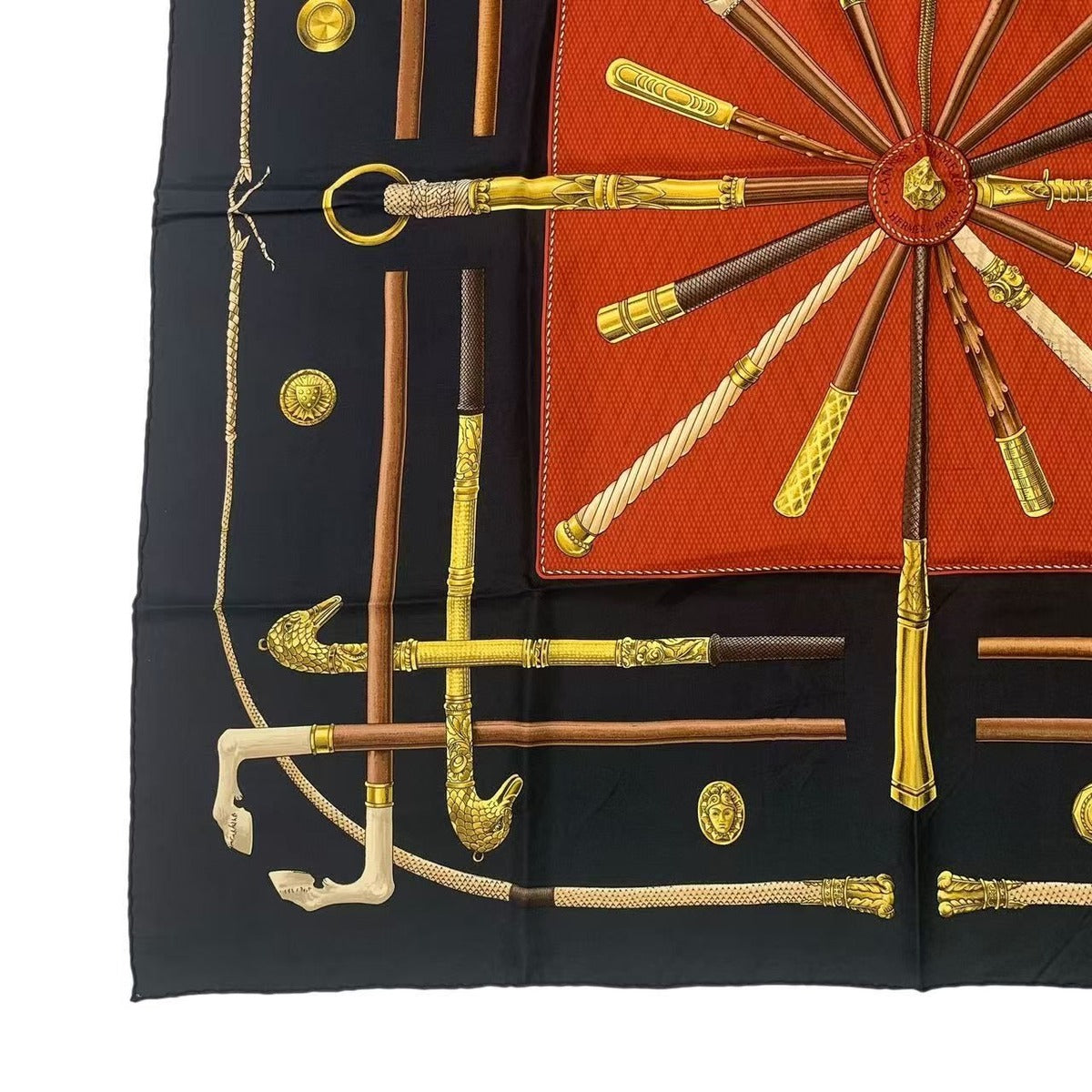 Hermes Carre 90 Cannes & pommeaux Cane Pattern Silk Black Scarf — view 4