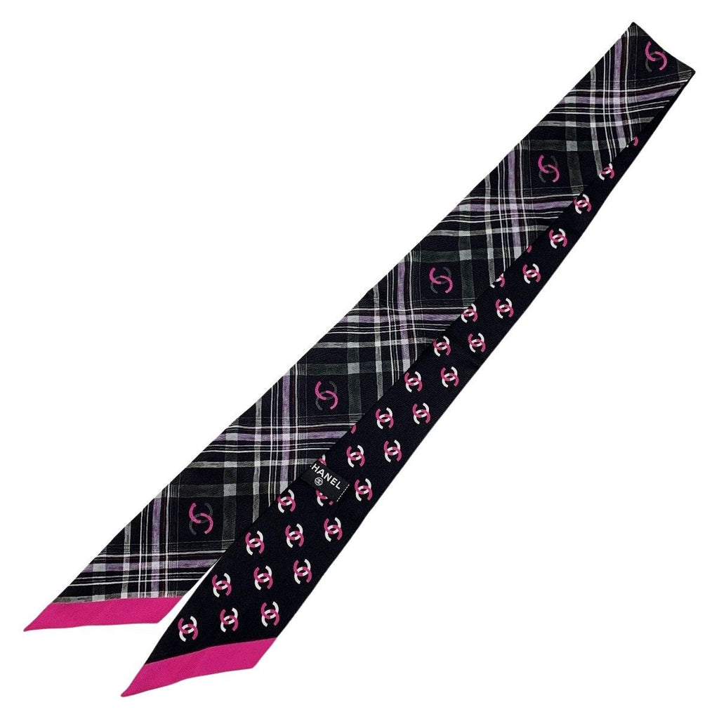 Chanel Headband Thin Scarf Twilly Black Pink Silk
