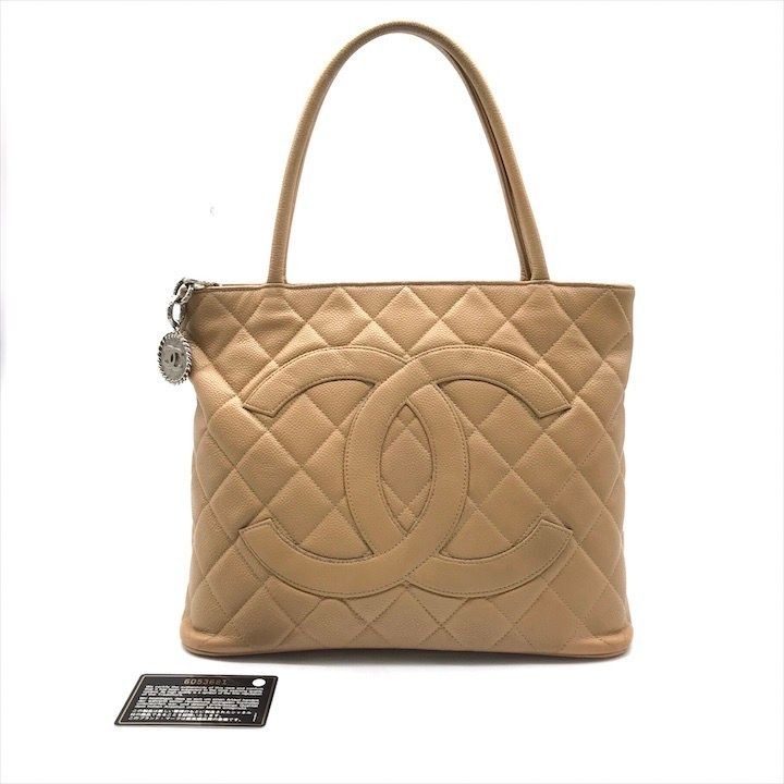 Chanel CC Logo Quilted Caviar Leather Tote Medallion Beige Silver
