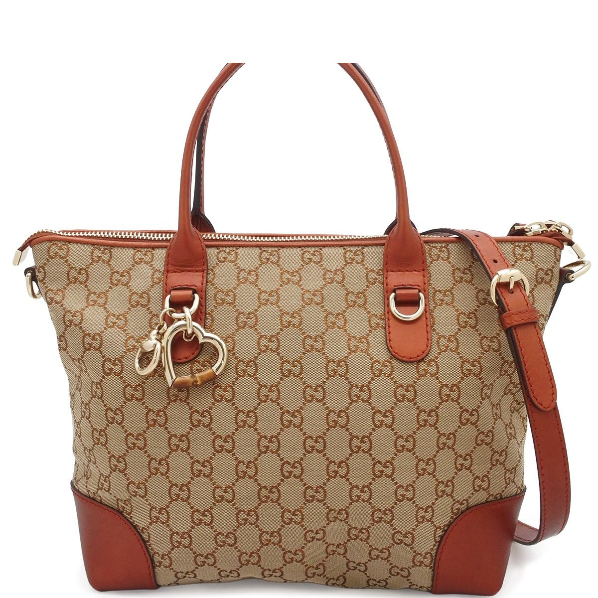 Gucci Heartbit Beige Orange GG Canvas Leather Heart Shape Charm 2-Way Shoulder