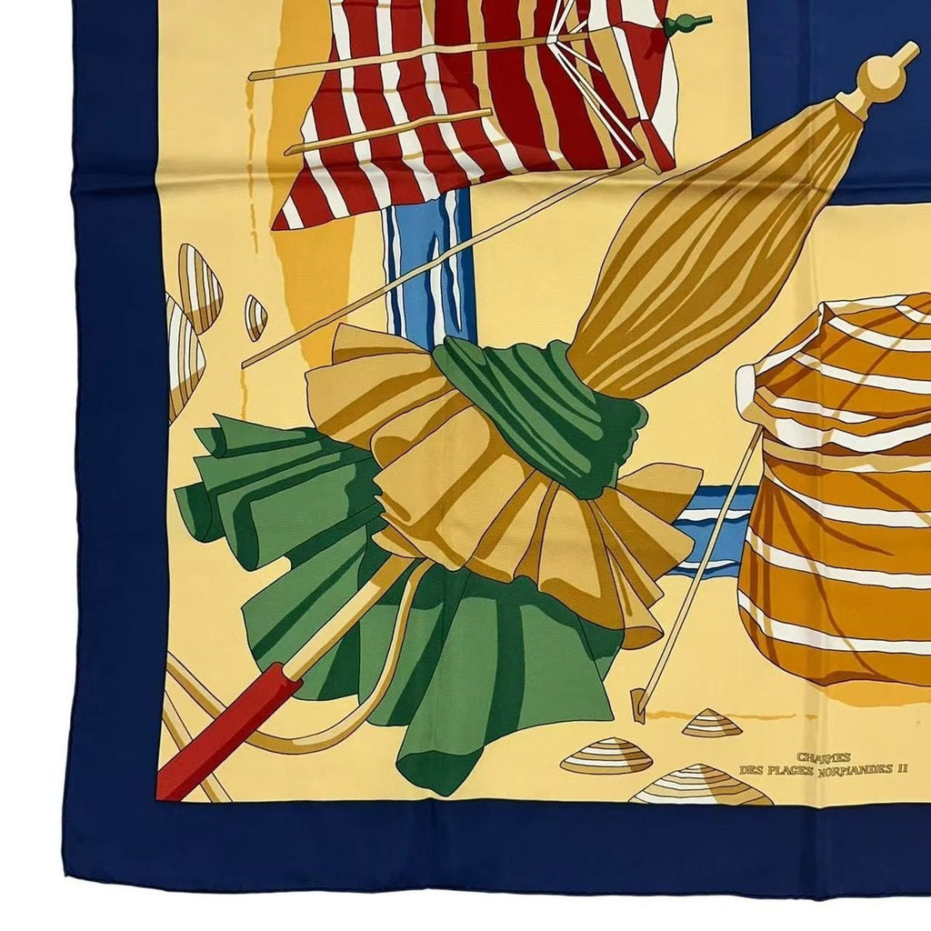Hermes Carre 90 Scarf Des Plages Charm of the Normandy Coast Blue Silk — view 4