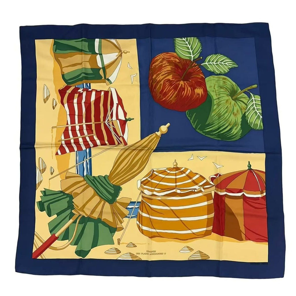 Hermes Carre 90 Scarf Des Plages Charm of the Normandy Coast Blue Silk