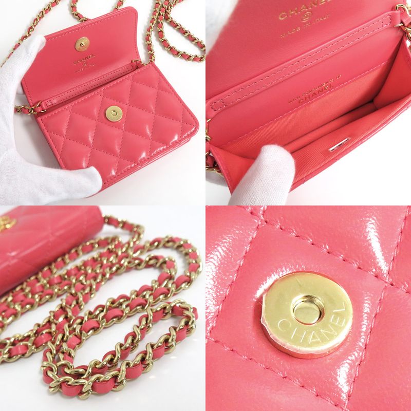 Chanel Quilted Chain Pochette Salmon Pink Cd0204 Gold Hardware Cuff — view 9