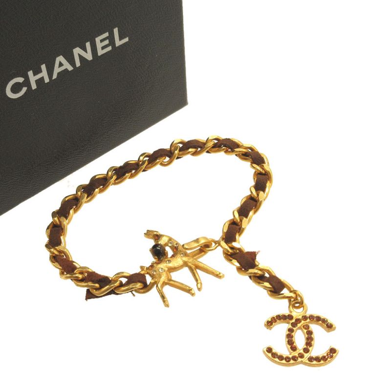 Chanel Coco Mark 01 A Colored Stone Bambi Metal Gold Brown Chain Bracelet 0072 — view 3
