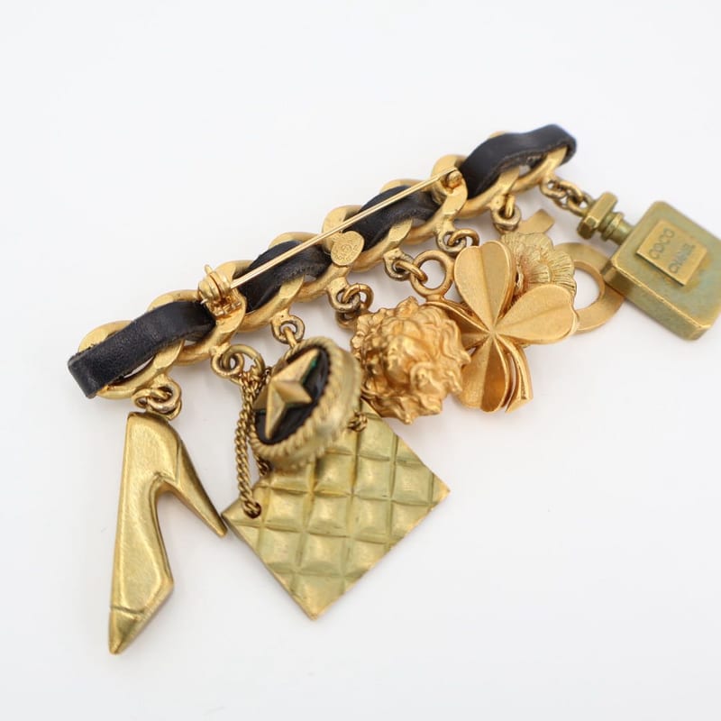 Chanel Vintage Quilted Coco Mark 8 Charm Chain Brooch Gold Black Plated — view 5