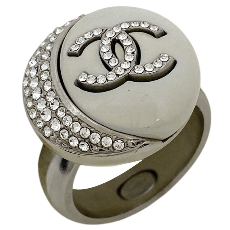 Chanel Coco Mark Rhinestone Ring Moon CC 11.5 Silver Plated