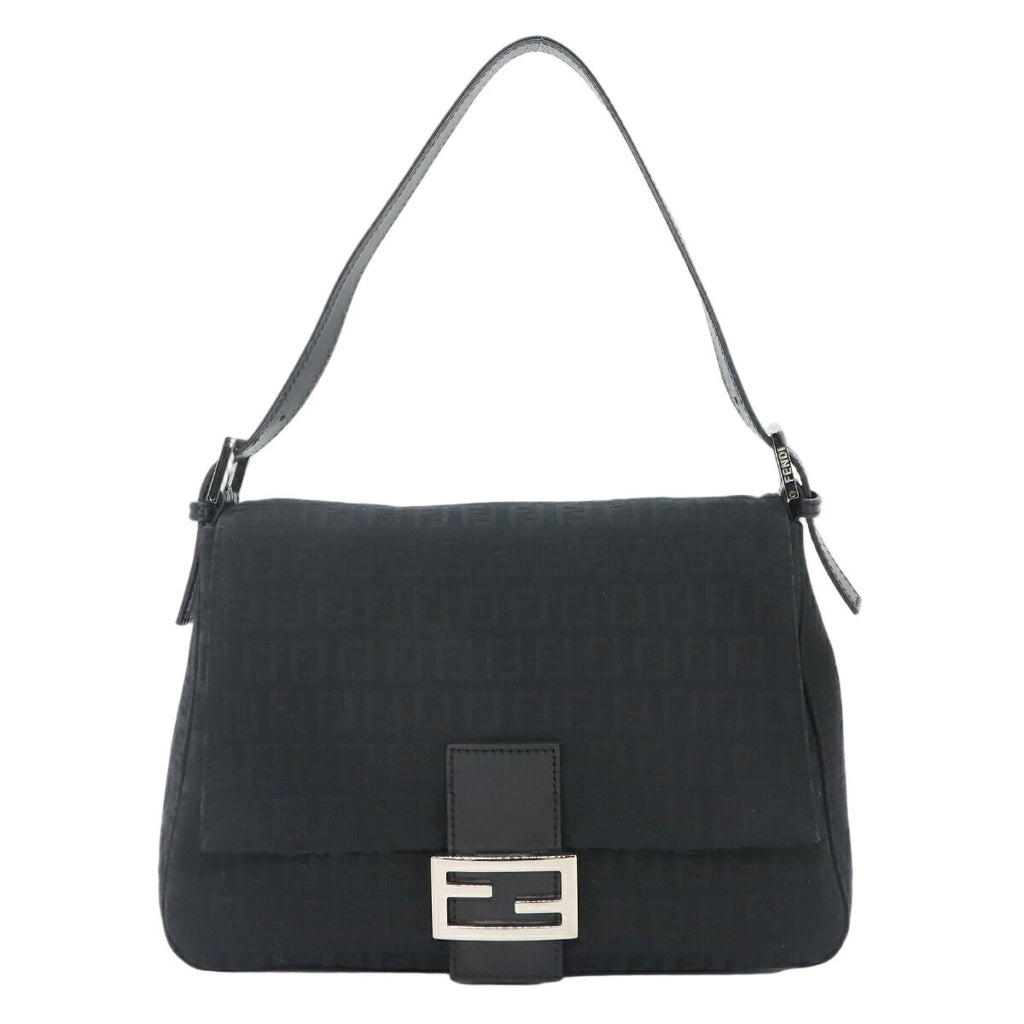Fendi Zucchino Mamma Bucket Shoulder Bag Canvas Black Silver