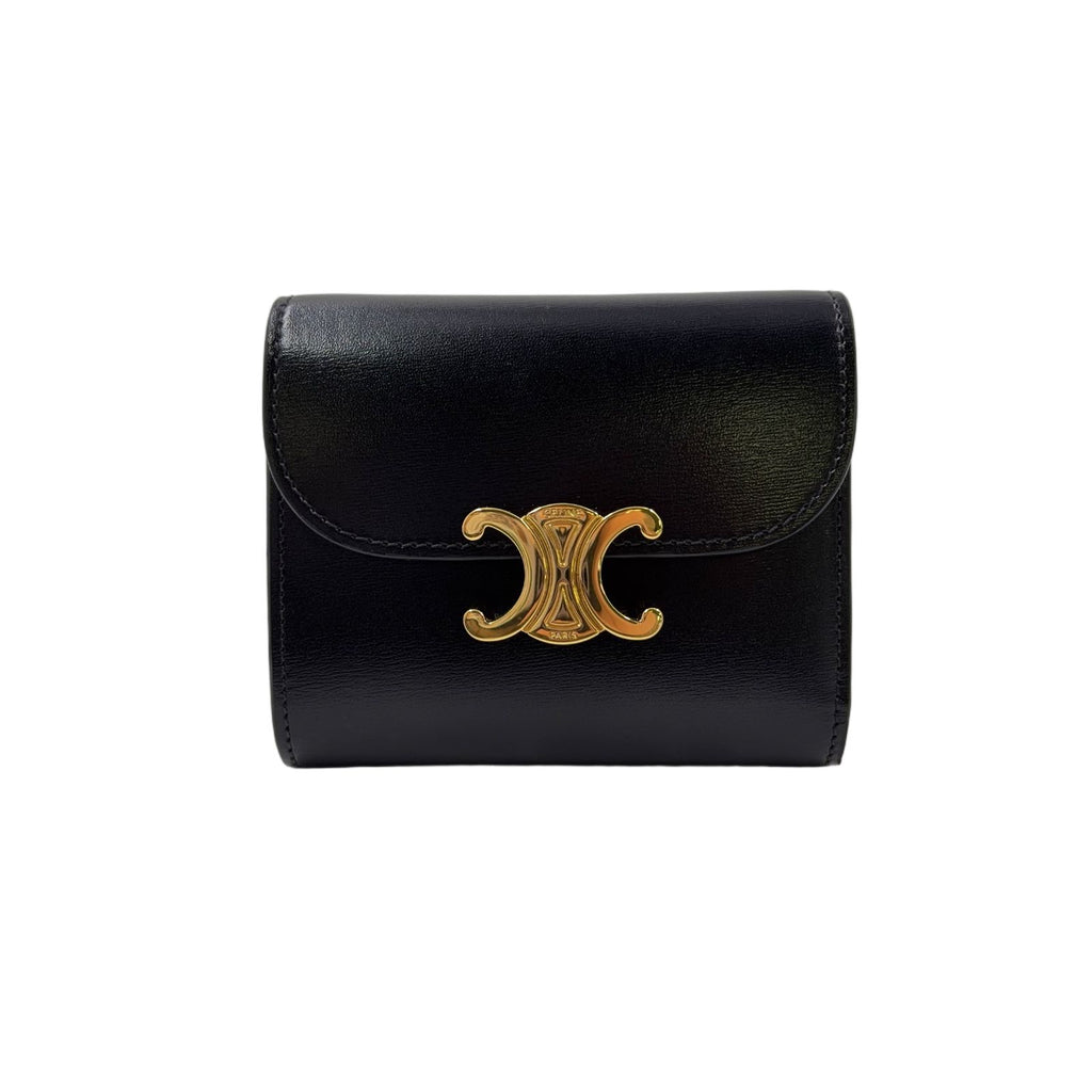 Celine Triomphe Small Flap Leather Black Wallet Gold